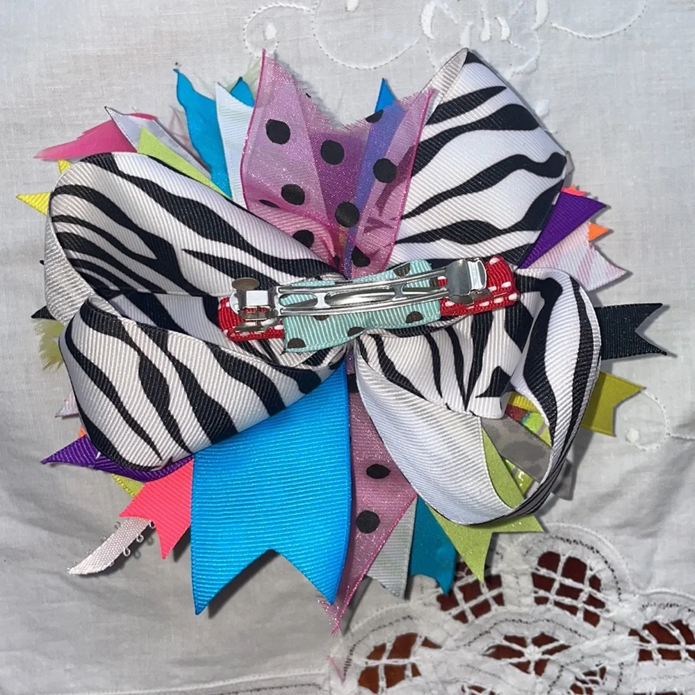 Girls Large Custom Boutique Hair Bow Feathers Rainbow Ribbon Zebra Polka Dot